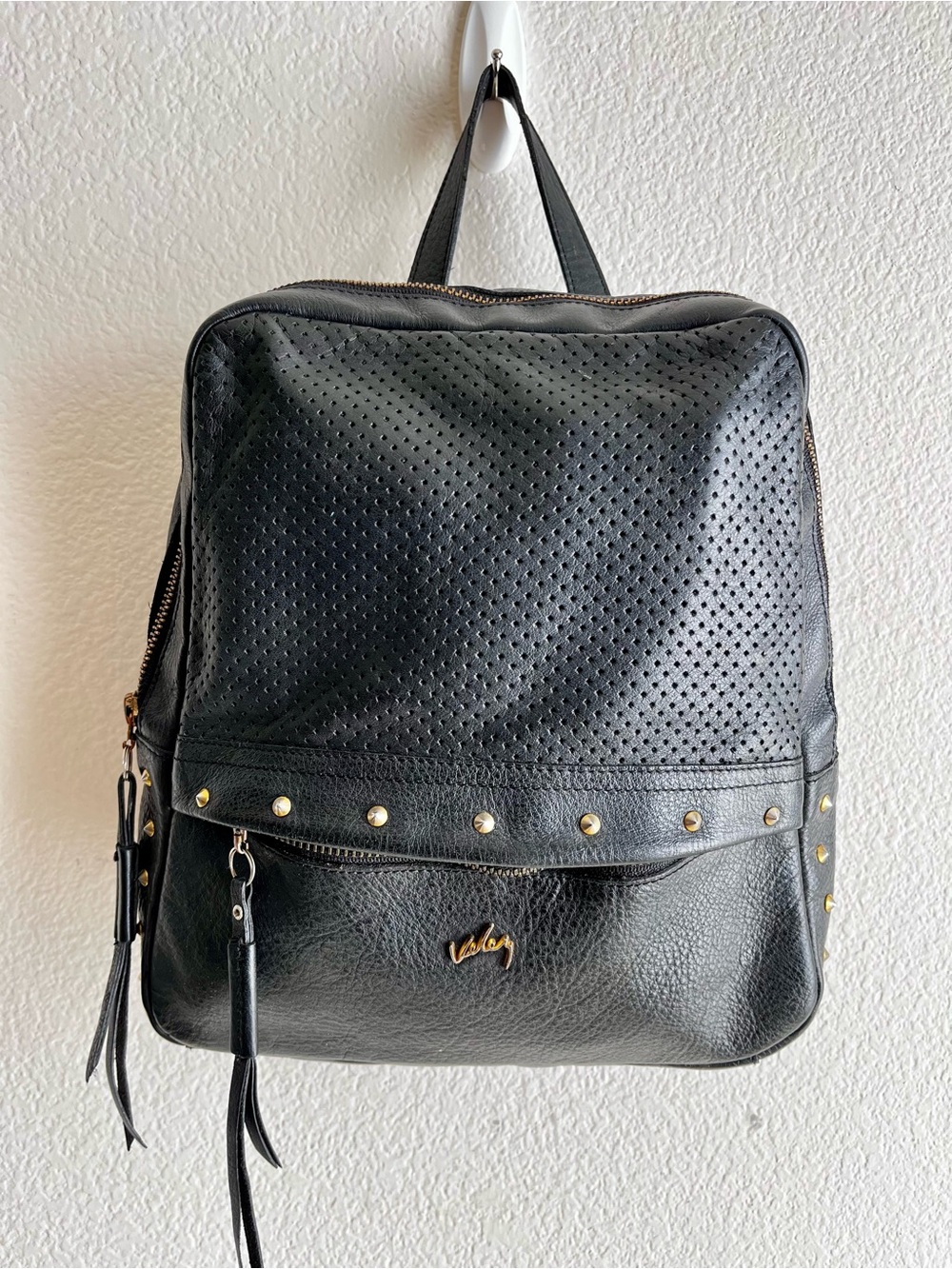 Velez Black Leather Backpack with Gold Stud Accents
